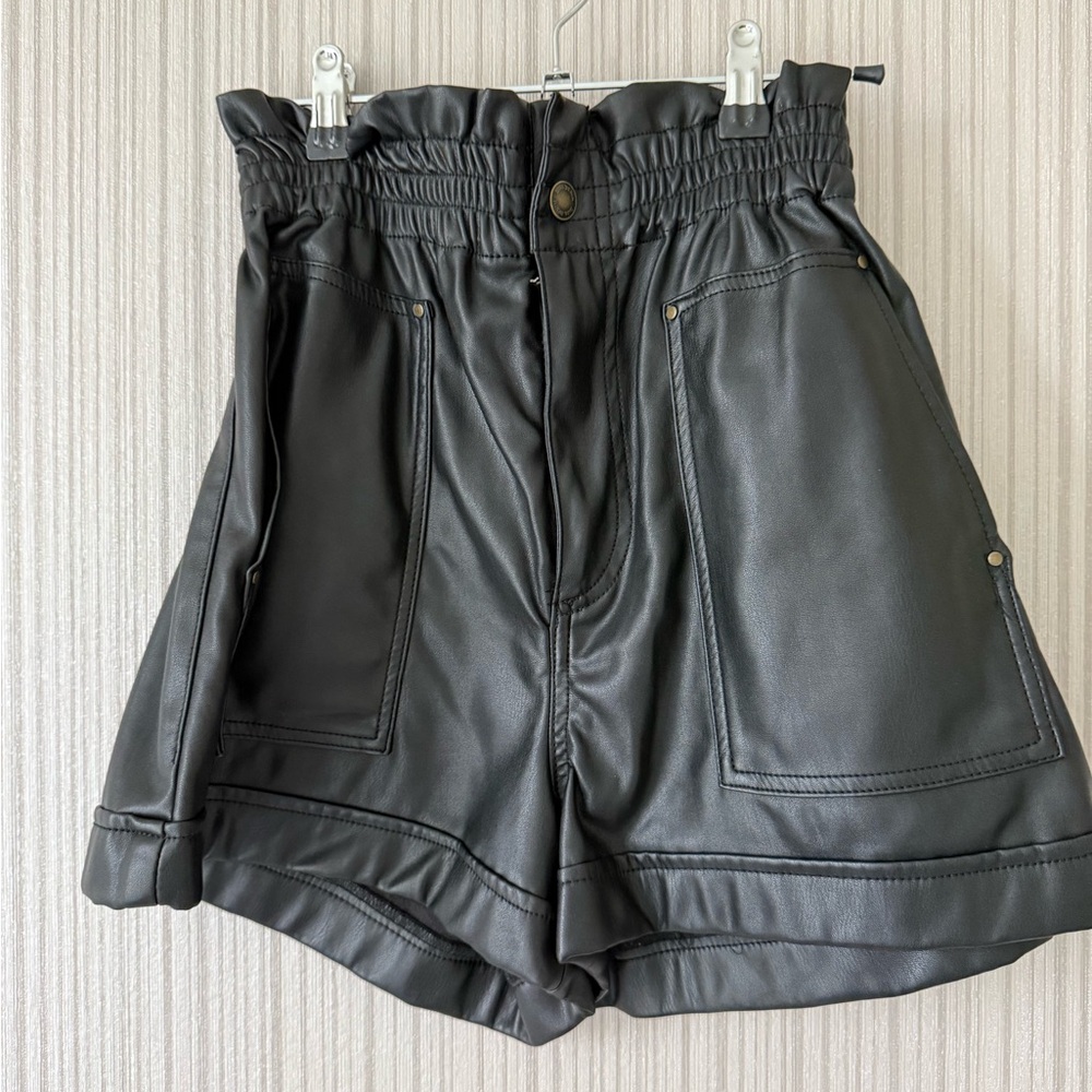 Zara Black High-Waist Faux Leather Paperbag Shorts